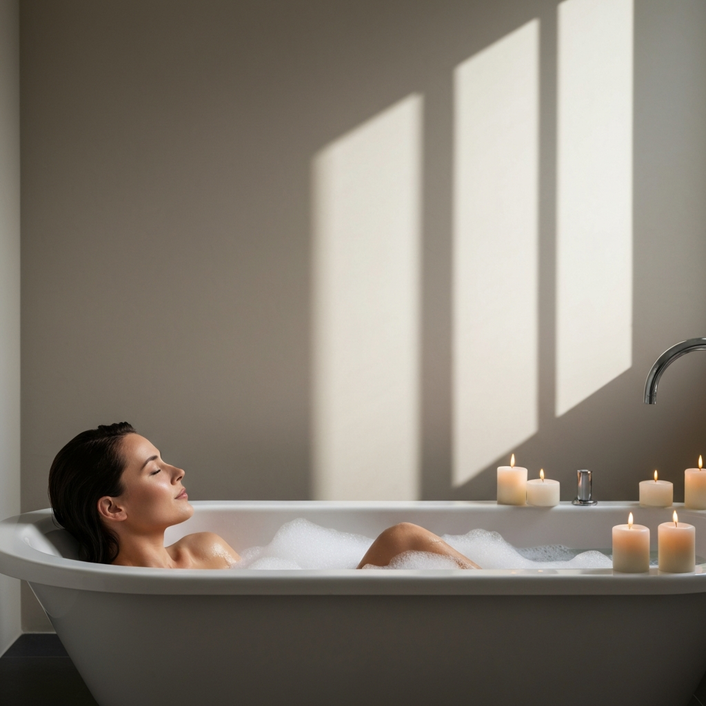 A woman is soaking in a luxurious bathtub filled with bubbles, surrounded by candles. Soft, warm light illuminates her relaxed face. The texture of the bubbles, the smooth porcelain of the bathtub, and the flickering candlelight are emphasized.