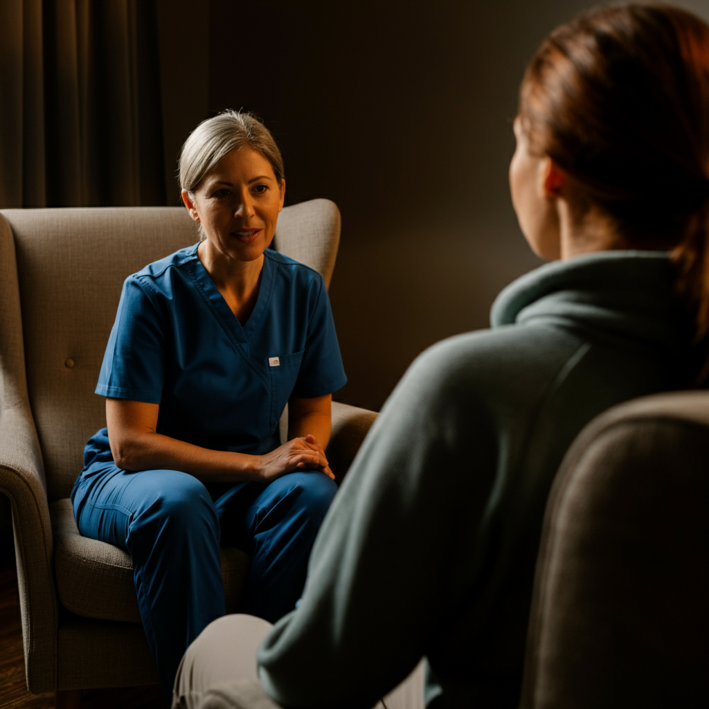 A therapist sits in a comfortable armchair, listening attentively to a patient. Soft, diffused light fills the room, creating a calming atmosphere. The texture of the armchair fabric, the therapist's warm smile, and the focused expression on the patient's face are emphasized.
