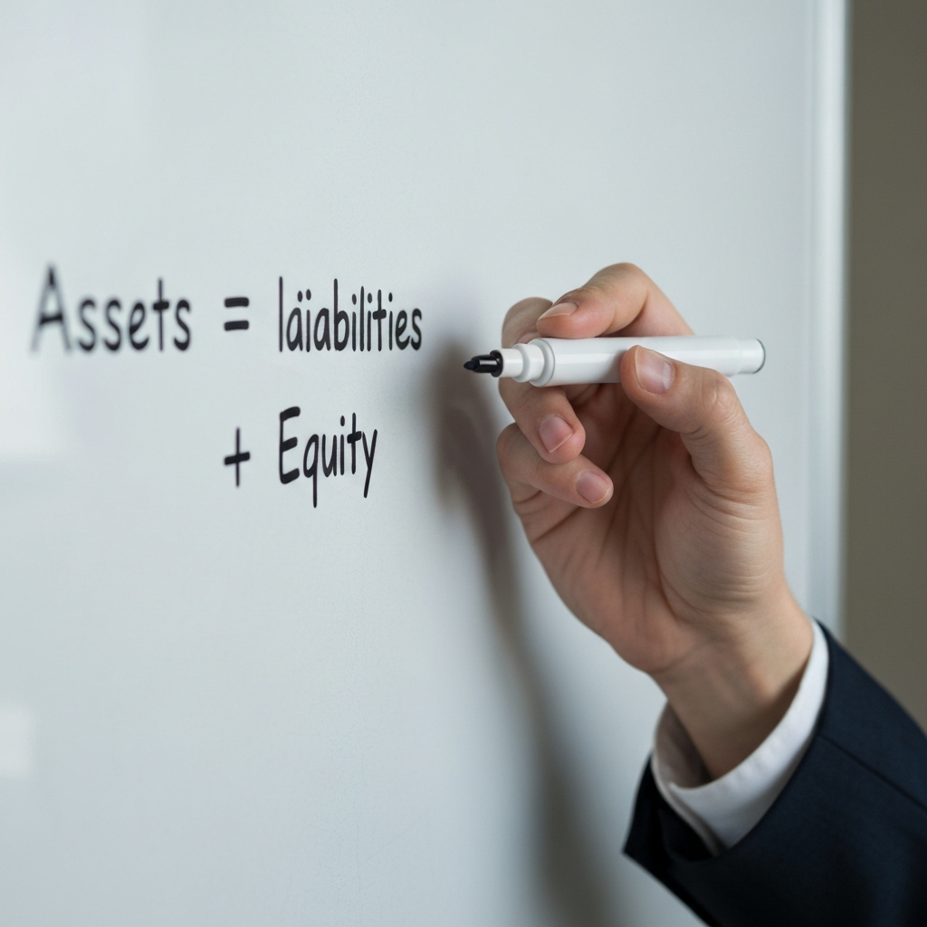 Close-up shot of a hand writing the accounting equation "Assets = Liabilities + Equity" on a whiteboard with a marker. Soft, diffused lighting highlights the texture of the whiteboard.