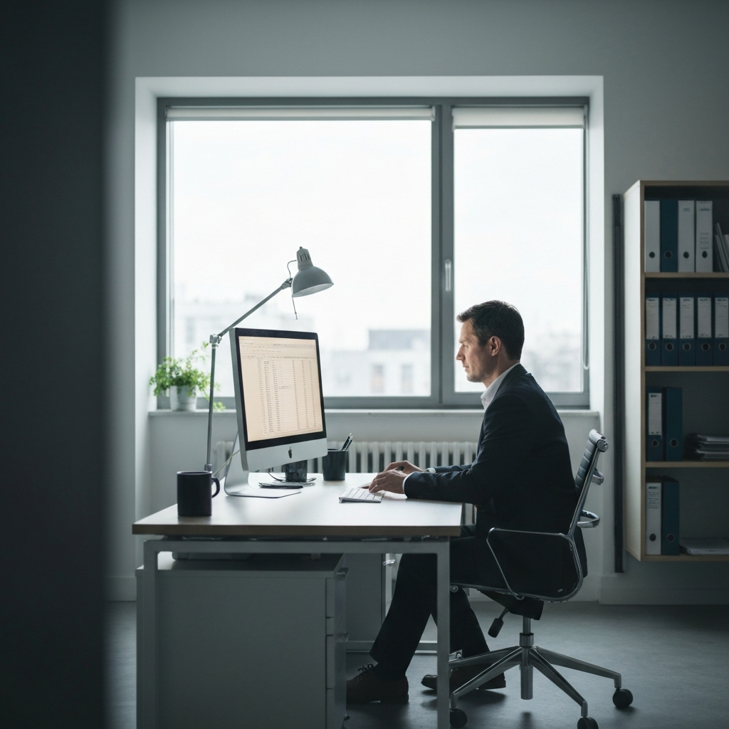 A wide shot of a modern office space. A financial analyst sits at a desk, reviewing a balance sheet on a computer screen. Natural light filters through the window, illuminating the monitor and the analyst's focused expression.