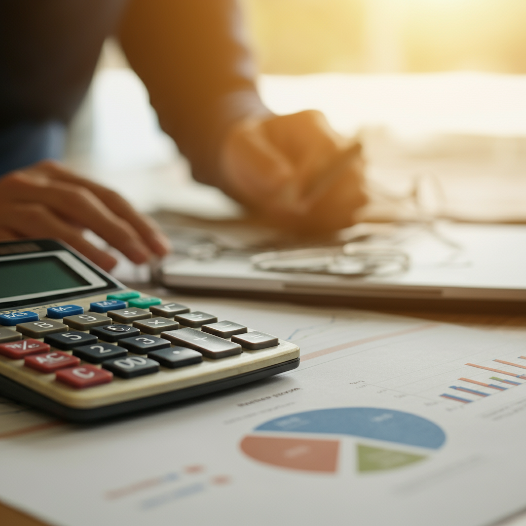 A calculator and a printed spreadsheet with financial data. Soft bokeh in the background showcases a graph showing a company's liquidity ratios over time.