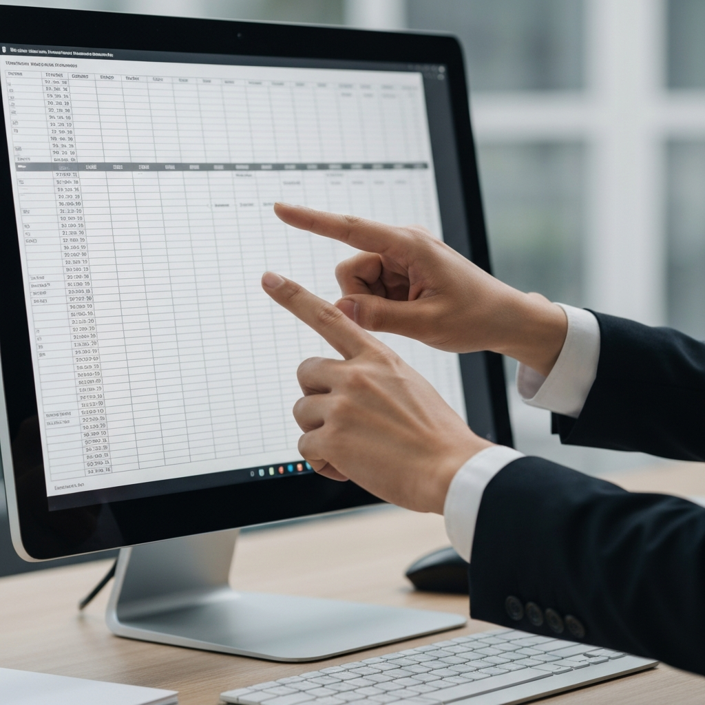 An accountant's hands point at specific line items in a balance sheet displayed on a large monitor. Side-lit textures of the hands and the monitor screen are visible.