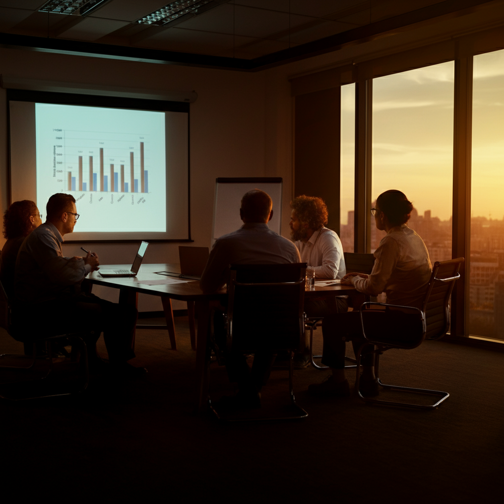 A meeting room with a team discussing financial performance. A projector displays a slide with a graph illustrating asset turnover over several quarters. Golden hour lighting streams through the windows.