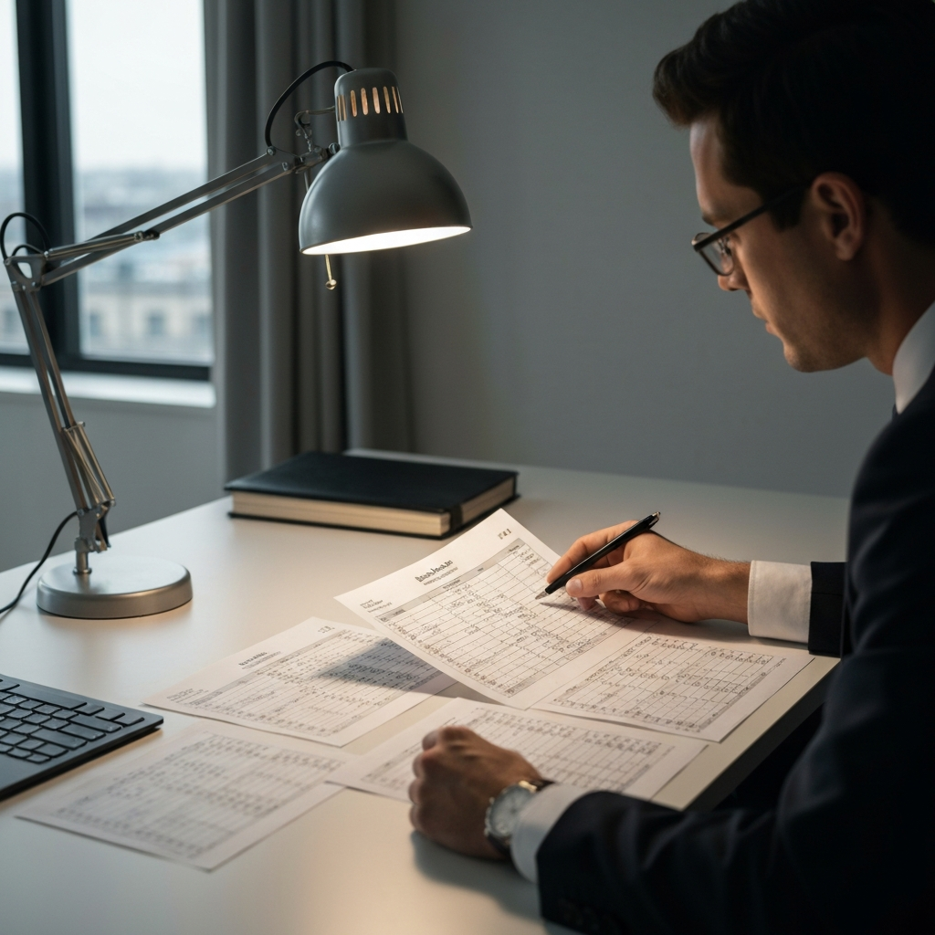 A senior manager reviewing printed balance sheets from different years. The sheets are spread out on a large desk, illuminated by a desk lamp.