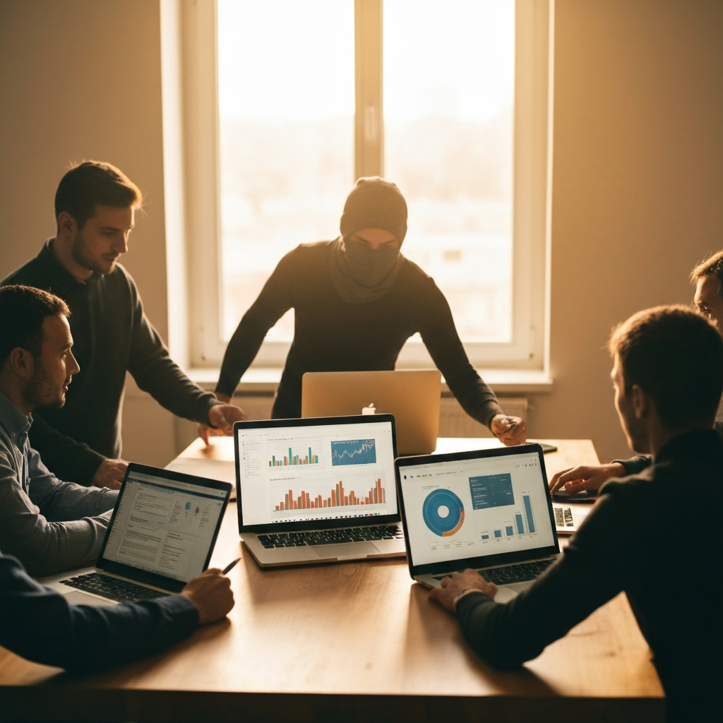 A group of analysts gathered around a large table, each with a laptop displaying financial data from different companies within the same industry. Soft, ambient lighting fills the room.