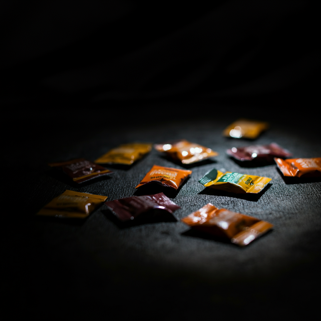 Close-up shot of multiple small, colorful honey packets lying on a dark, textured surface. The light is a soft, diffused glow, highlighting the glossy packaging. Some packets are partially obscured, creating depth of field.