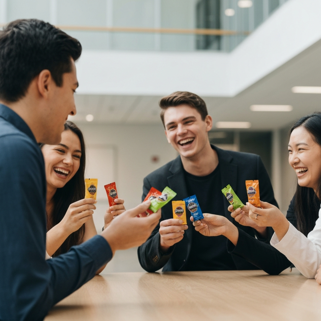 A brightly lit college campus. Several young adults are gathered around a table, laughing and holding colorful honey packets. The background is blurred to focus on the honey packets in their hands.