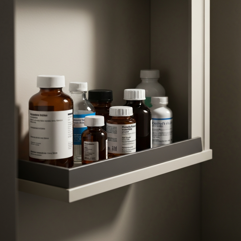A medicine cabinet in a home bathroom. Prescription bottles and over-the-counter medications are visible. Soft light highlights the labels and provides clarity without being harsh.