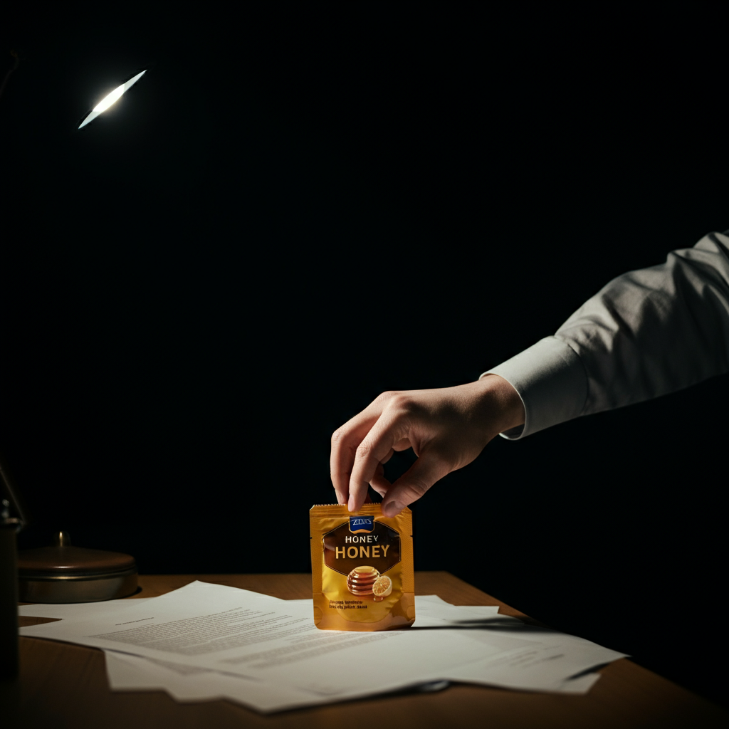 A person's hand reaching for a honey packet on a messy desk. The lighting is dim and focused, emphasizing the act of grabbing the packet.