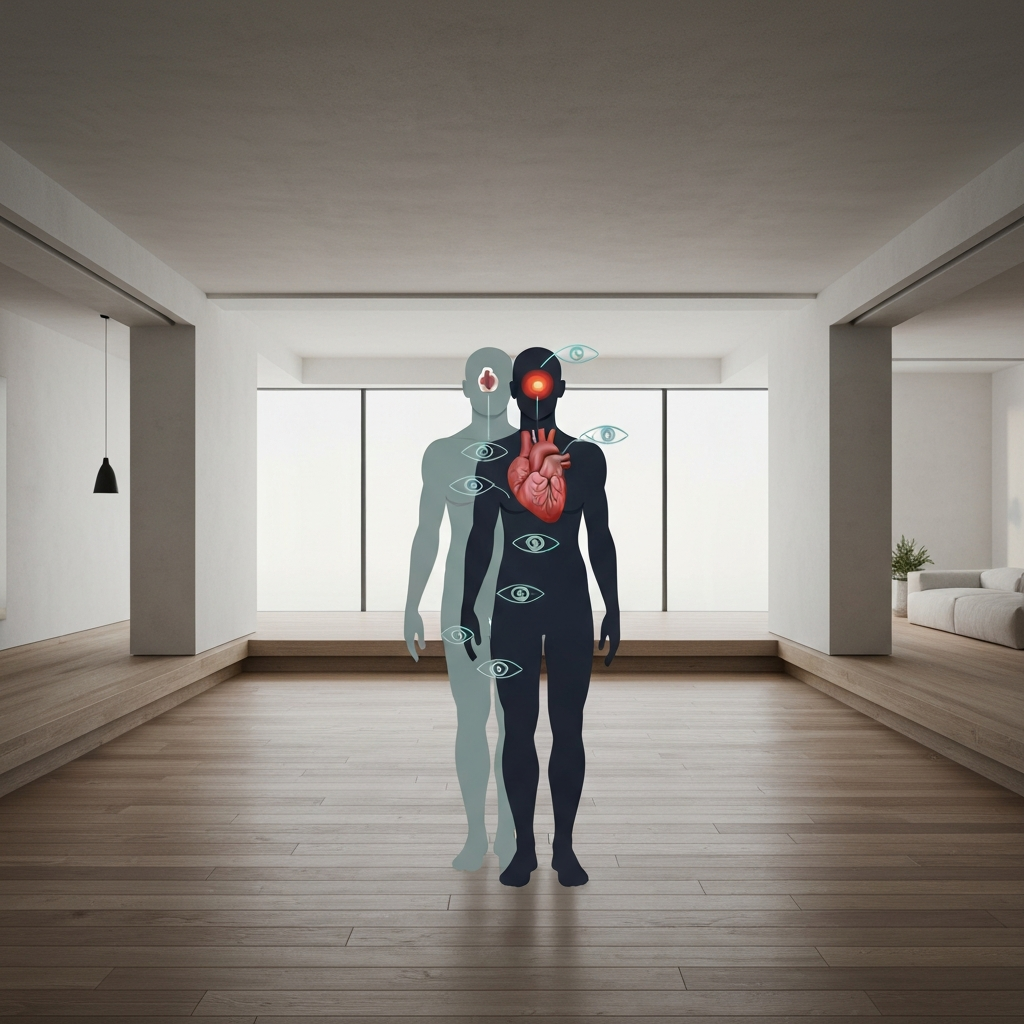 An animated infographic depicting a human body with various highlighted areas (heart, head, eyes) to represent potential side effects. The colors are muted and professional, indicating a medical theme.