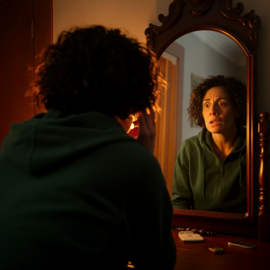 A dimly lit bedroom. A person is looking in a mirror with a worried expression. The scene is intentionally ambiguous, suggesting inner turmoil and reliance on something unseen.