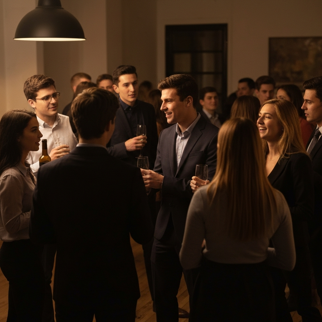 A bustling college party scene, filled with young adults talking and laughing. The lighting is warm and inviting, but there's a sense of underlying anxiety and pressure in the air.