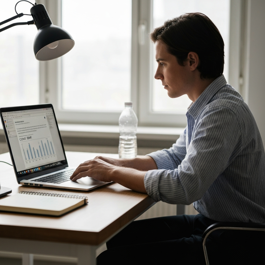 A person sitting at a desk, using a laptop to calculate their BMR. Soft, diffused natural light illuminates the screen and their focused expression. The desk is tidy with a water bottle and a notebook.
