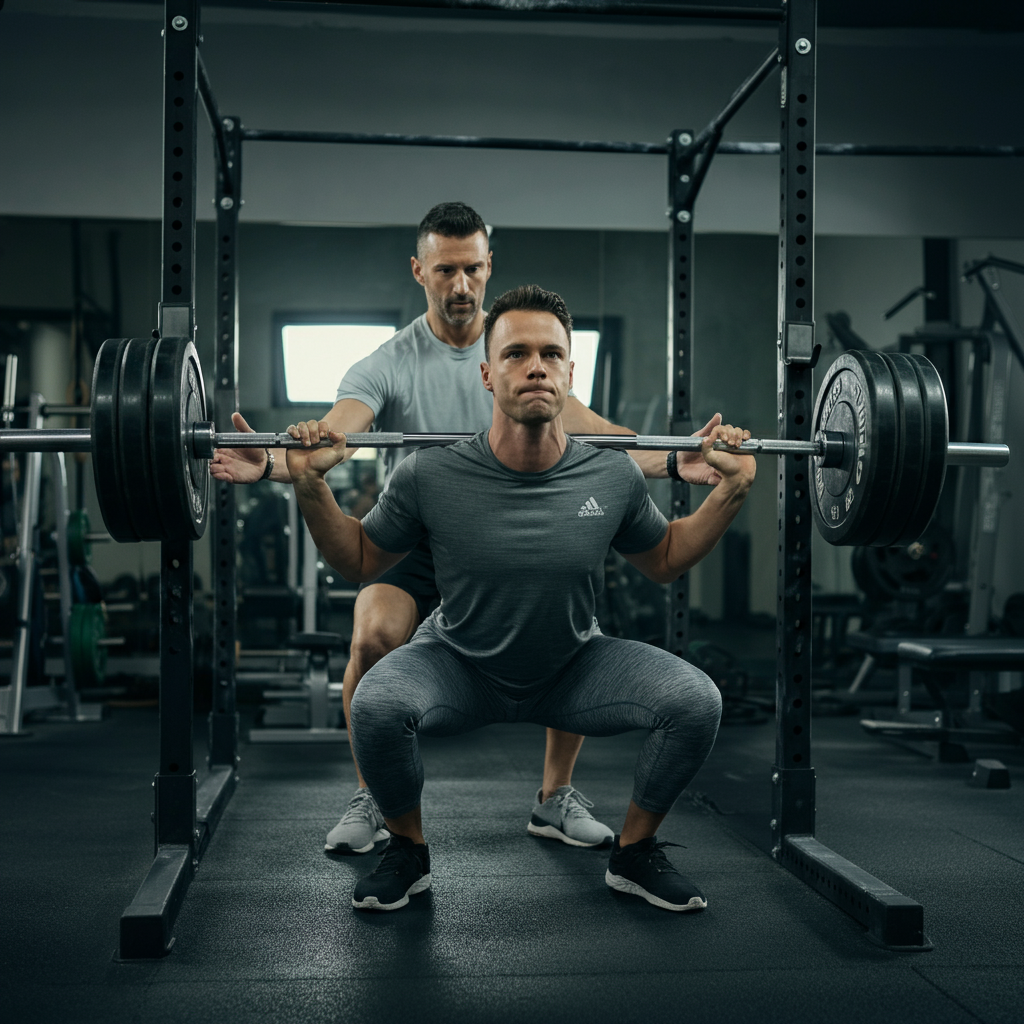 A person performing a squat with a barbell in a well-equipped gym. The lighting is bright and functional. A trainer is spotting them, ensuring proper form and safety.