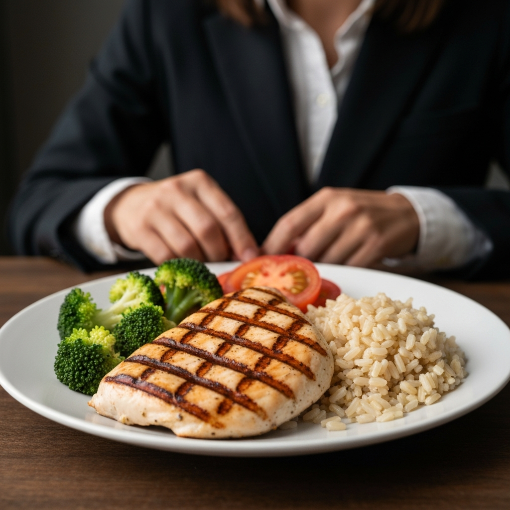 A close-up shot of a healthy meal consisting of grilled chicken breast, brown rice, and steamed broccoli. The lighting highlights the fresh textures and vibrant colors of the food.