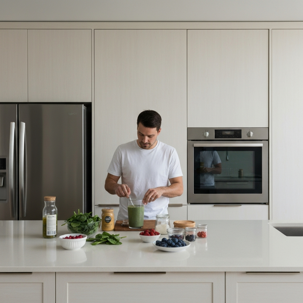 A person preparing a protein smoothie with various ingredients like spinach, protein powder, and berries. The kitchen is modern and well-lit with stainless steel appliances.