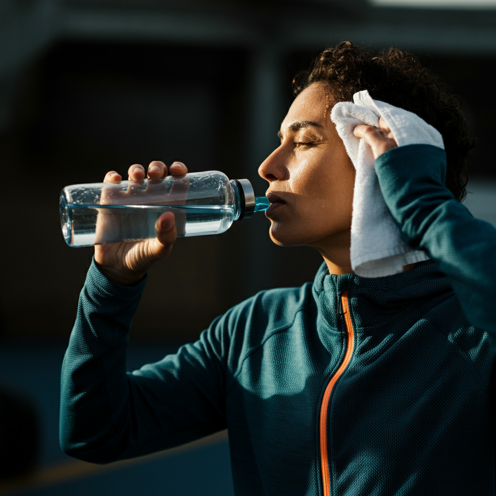 A person drinking water from a reusable water bottle during a workout. They are wiping sweat from their forehead with a towel. The lighting is bright and energetic.