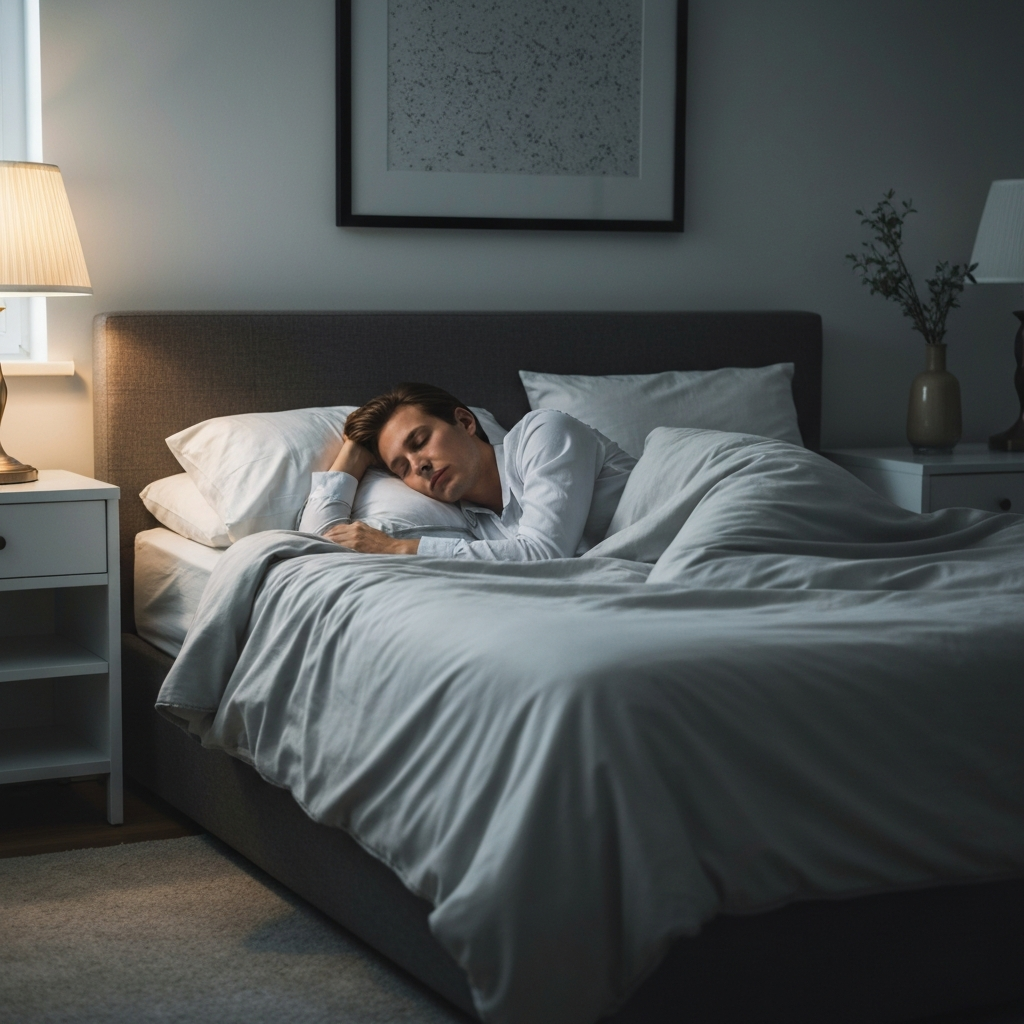 A bedroom scene with soft, ambient lighting. A person is asleep in bed, with a comfortable duvet and pillows. The room is tidy and peaceful.