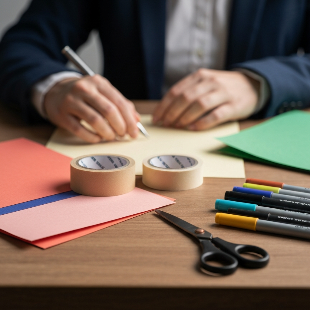 Close-up shot of crafting materials arranged neatly on a wooden table. Soft, diffused lighting highlights the textures of the paper, tape, and colored markers. Scissors are open, ready for use.