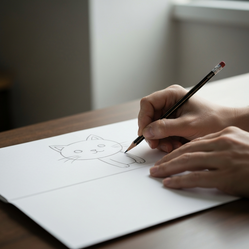 Hands sketching a simple cartoon cat design on folded white paper with a pencil. The scene is side-lit, showcasing the texture of the paper and the subtle shading of the pencil lines. The background is blurred to emphasize the hands and drawing.