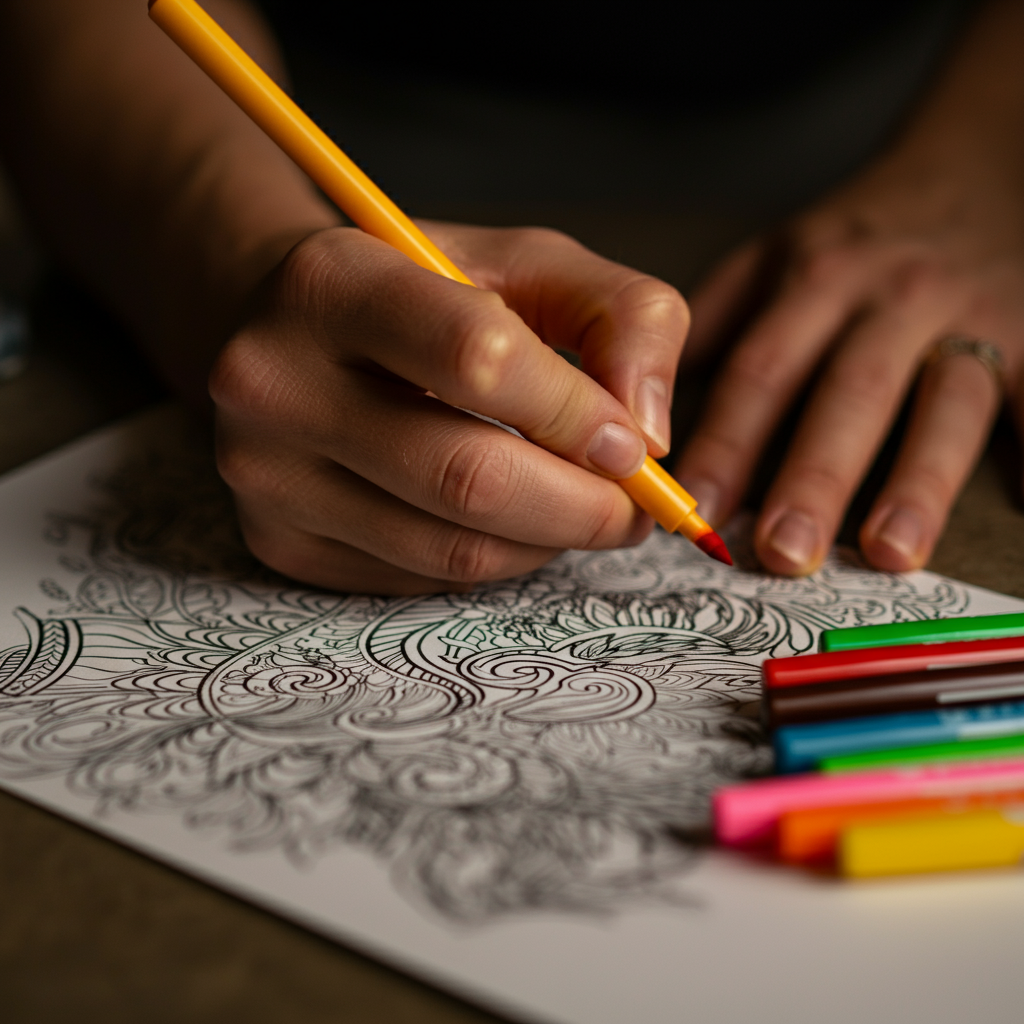 Close-up of a hand coloring in a paper squishy design with bright colored markers. The scene is brightly lit, showing the vibrant colors and the details of the coloring. The markers are arranged nearby, showcasing the range of colors available.