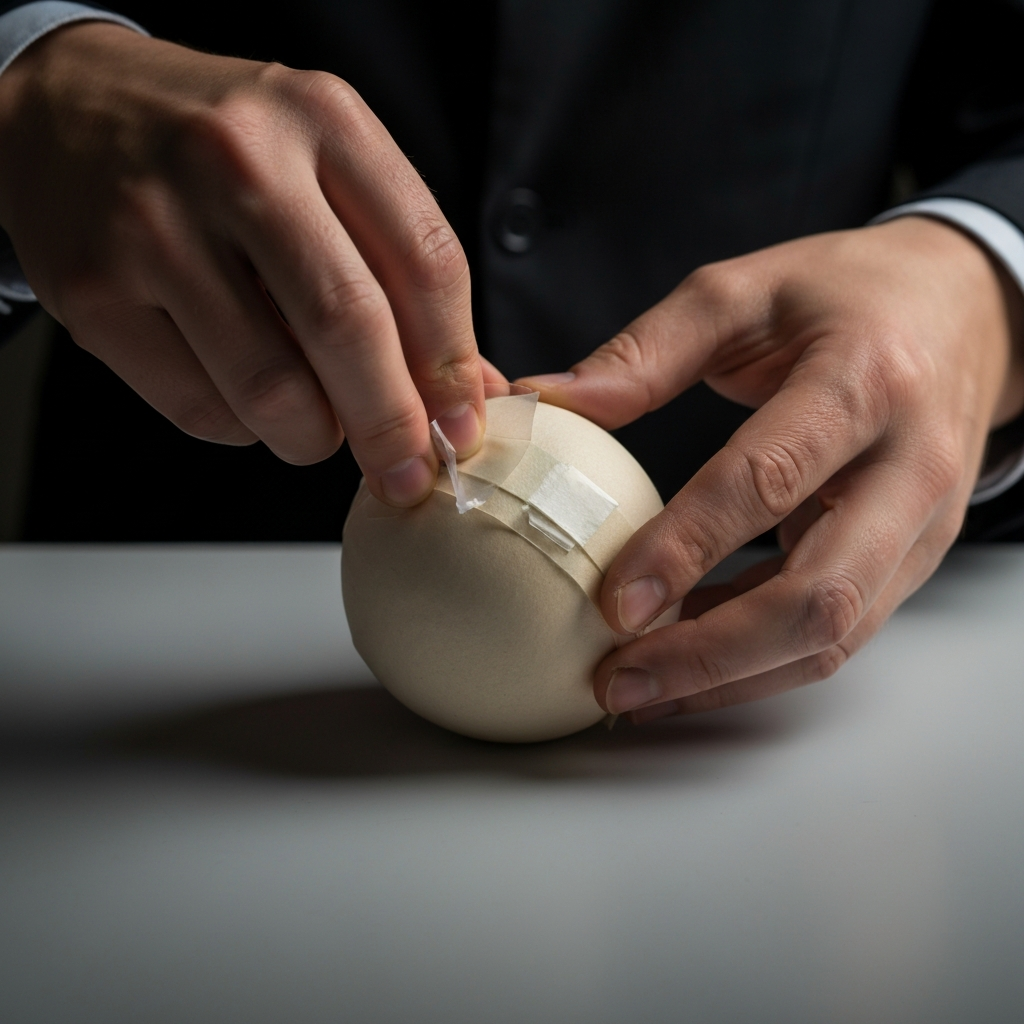 Hands carefully taping the edges of a paper squishy together, using small strips of clear tape. The scene is well-lit, showing the precision required for this step. The background is blurred to focus on the hands and the squishy.