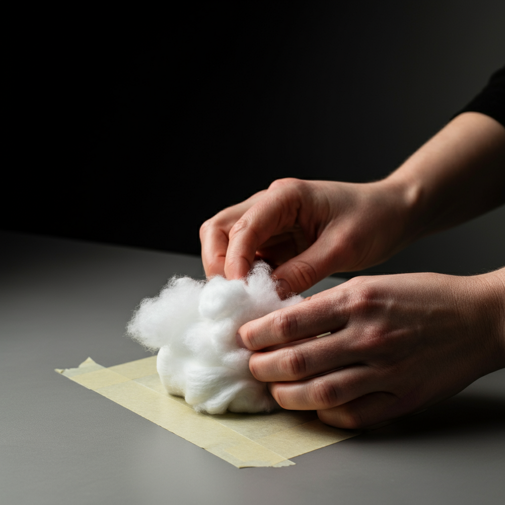 Hands stuffing a paper squishy with cotton balls. The lighting is soft and diffused, highlighting the texture of the cotton and the smooth surface of the taped paper. The background is a clean, neutral color.