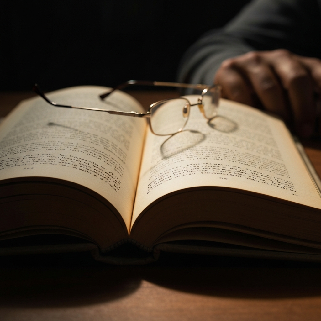 A close-up shot of an open book with worn pages, the title "Juneteenth: A Historical Retrospective" visible. Soft, warm light illuminates the pages, highlighting the texture of the paper. A pair of reading glasses rests on top of the book.