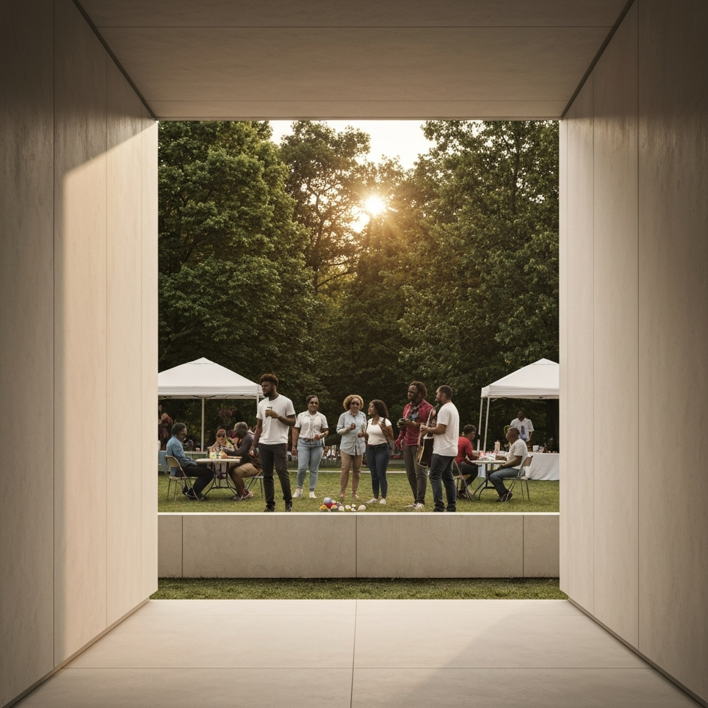 A wide shot of a Juneteenth festival in a park. People of diverse backgrounds are enjoying music, food, and games. Golden hour lighting casts a warm glow over the scene, creating a joyful and celebratory atmosphere.