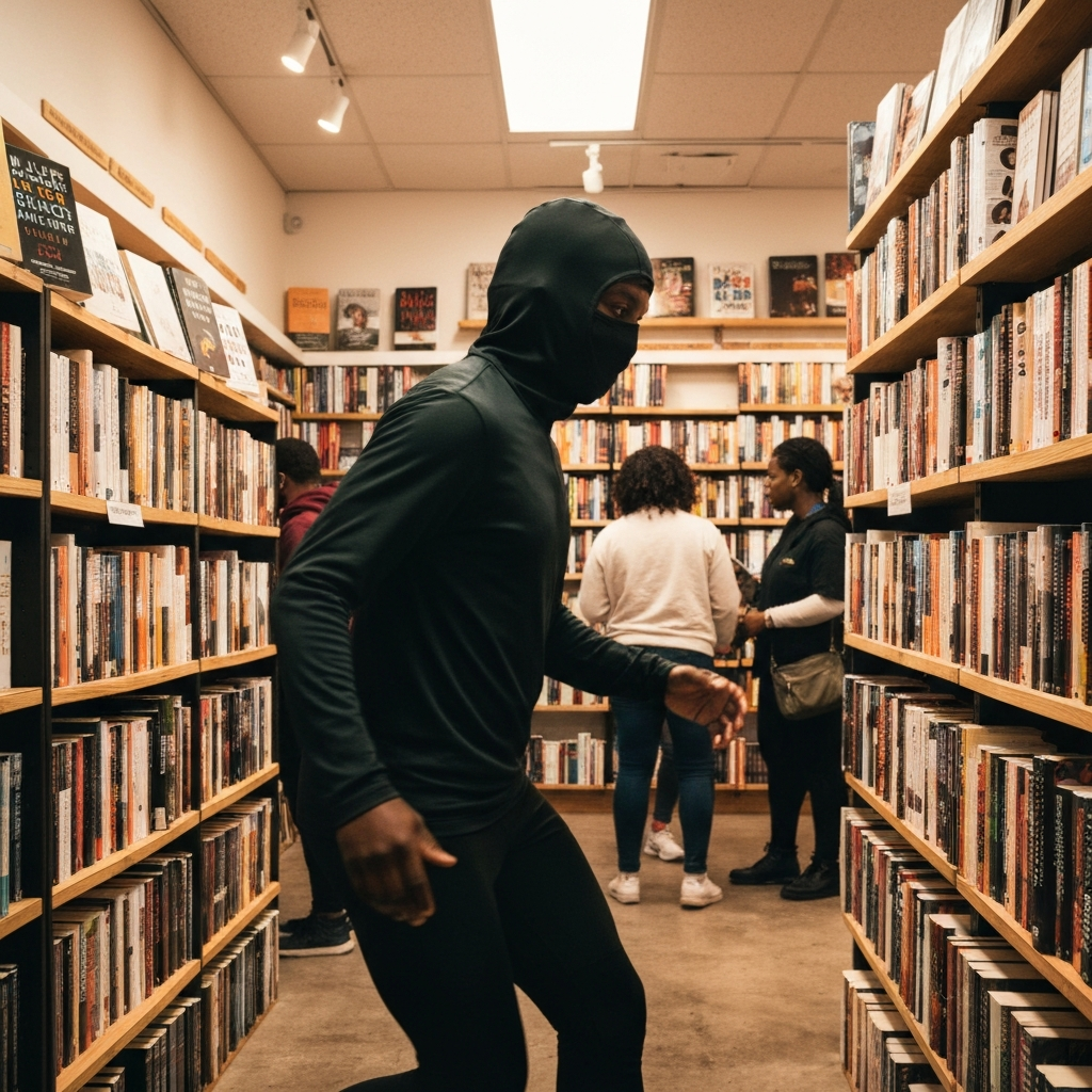 A medium shot of the interior of a Black-owned bookstore. Shelves are filled with books by Black authors, and a diverse group of people are browsing the selection. The lighting is bright and inviting, highlighting the colorful book covers and the warm atmosphere of the store.