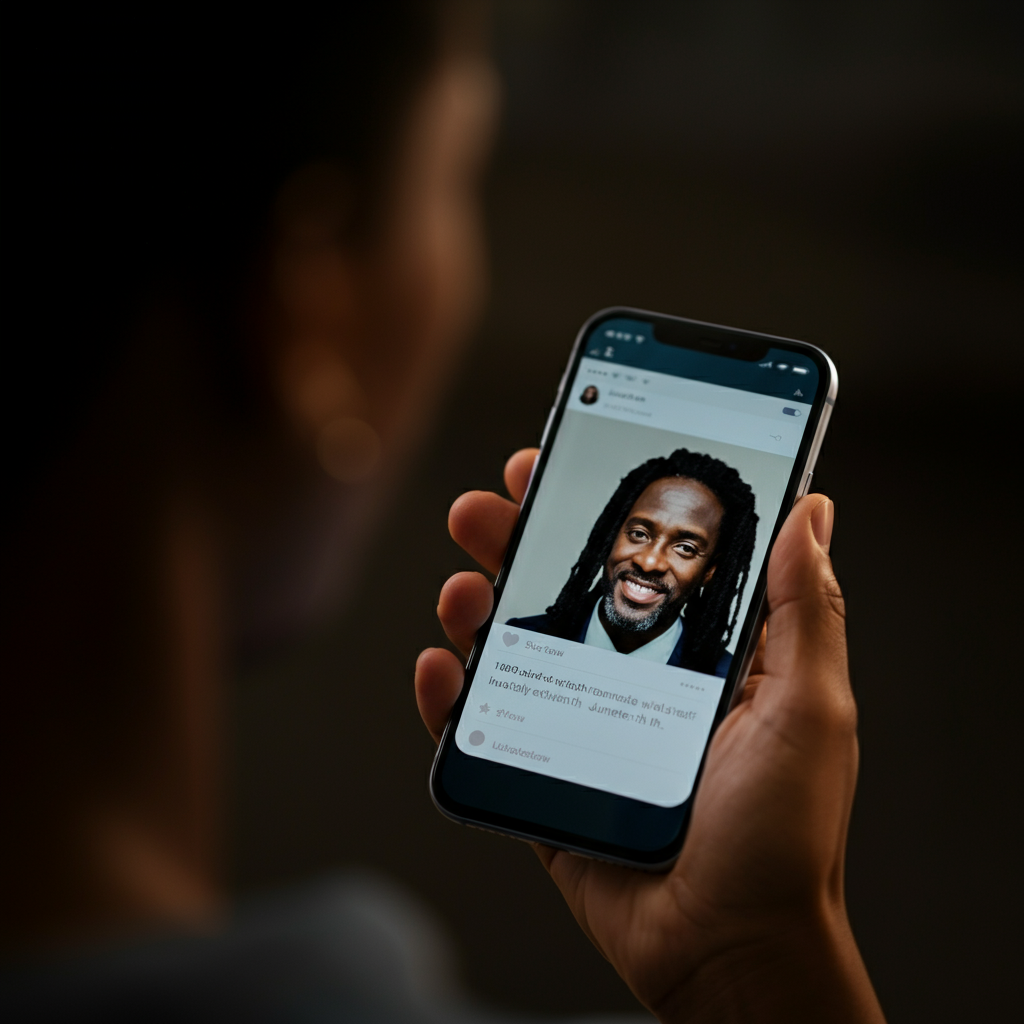 A close-up shot of a smartphone displaying a social media post from a Black activist discussing Juneteenth. The phone is held in a hand, and the background is blurred, focusing attention on the content of the post. The lighting is natural and soft.