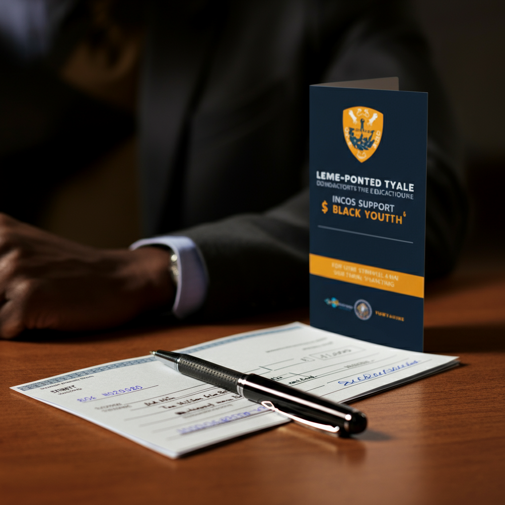 A side-lit image featuring a checkbook and pen on a desk, next to a brochure for a non-profit organization that supports education for Black youth. The textures of the paper and pen are sharp.
