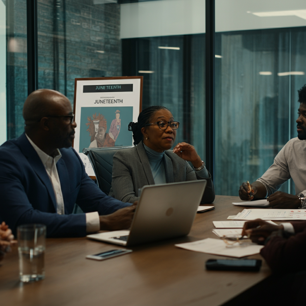 A group of people in a professional workplace setting, gathered around a table for a meeting. They are discussing diversity and inclusion initiatives, with a calendar visible in the background highlighting Juneteenth. The lighting is bright and professional, creating a sense of collaboration and progress.