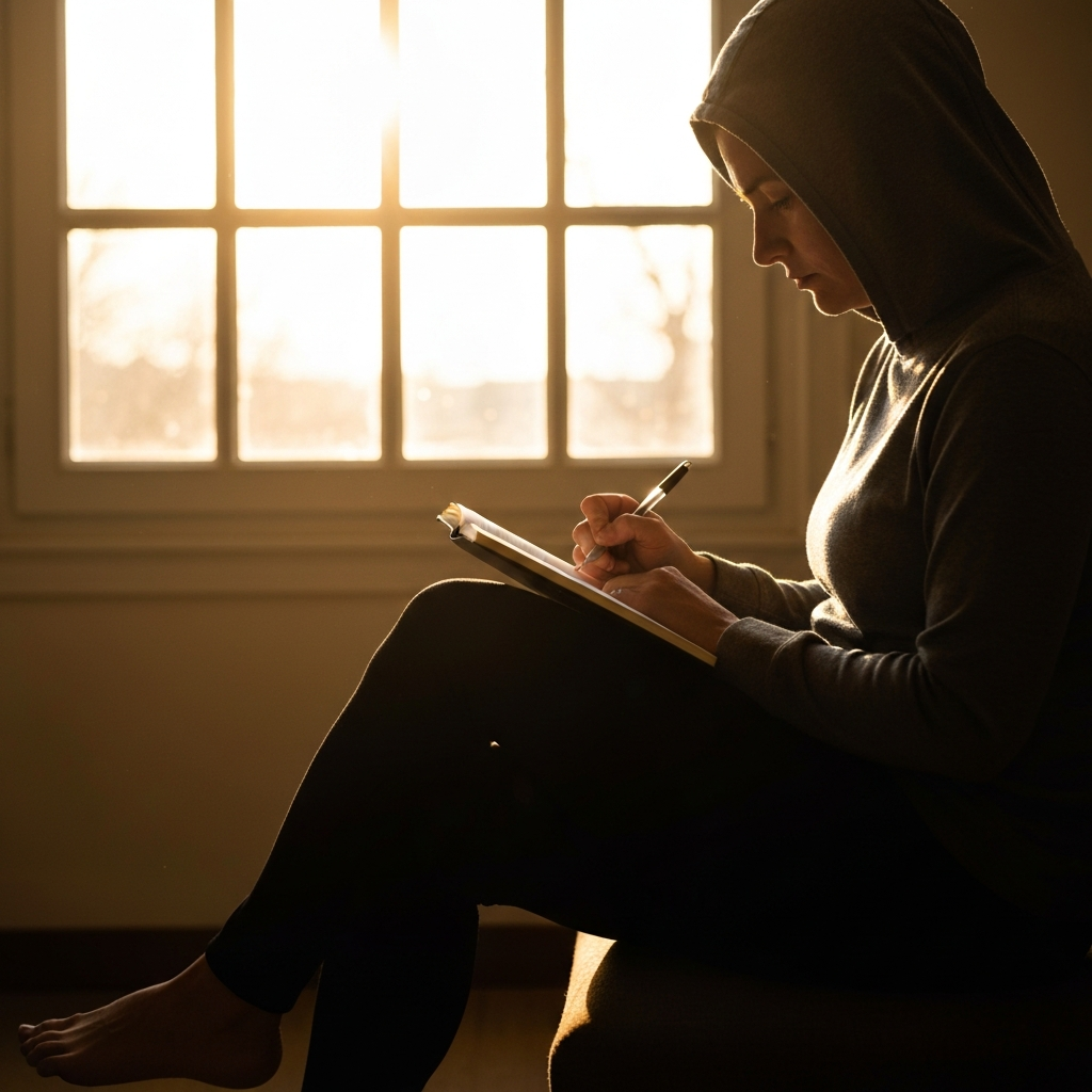 A person sitting alone in a quiet room, journaling in a notebook. Soft, natural light filters through the window, creating a contemplative atmosphere. The focus is on the act of reflection and self-awareness.