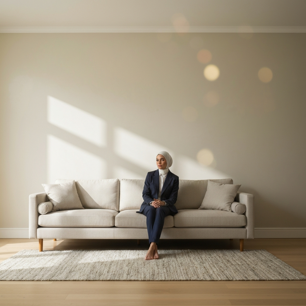 A bright living room with soft, natural light. The walls are painted a light beige, and a large neutral sofa sits in the center. A textured rug lies beneath the sofa, adding depth to the scene. Soft bokeh in the background.