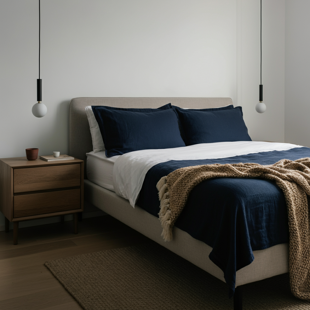 A bedroom bathed in soft, diffused light. A queen-sized bed is neatly made with a white duvet and navy blue throw pillows. A woven throw blanket adds texture. A bedside table with a lamp adds a warm glow to the scene.
