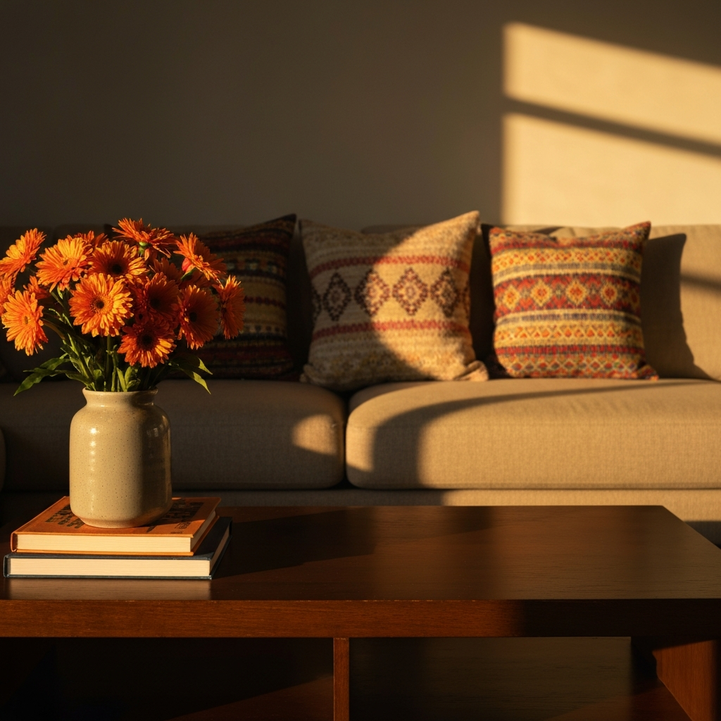 A close-up of a living room coffee table. Three small, colorful throw pillows are arranged on the sofa behind the table. A ceramic vase with bright orange flowers sits on the table alongside a stack of books. Golden hour lighting creates warm shadows.