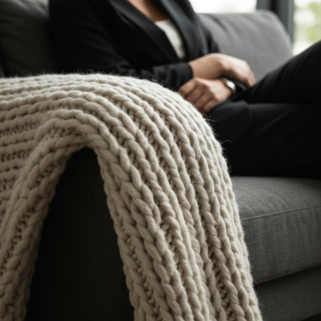 A close-up of a textured throw blanket draped over the arm of a sofa. The blanket is made of thick, chunky knit wool. Soft, side-lit textures are visible, highlighting the details of the knit.