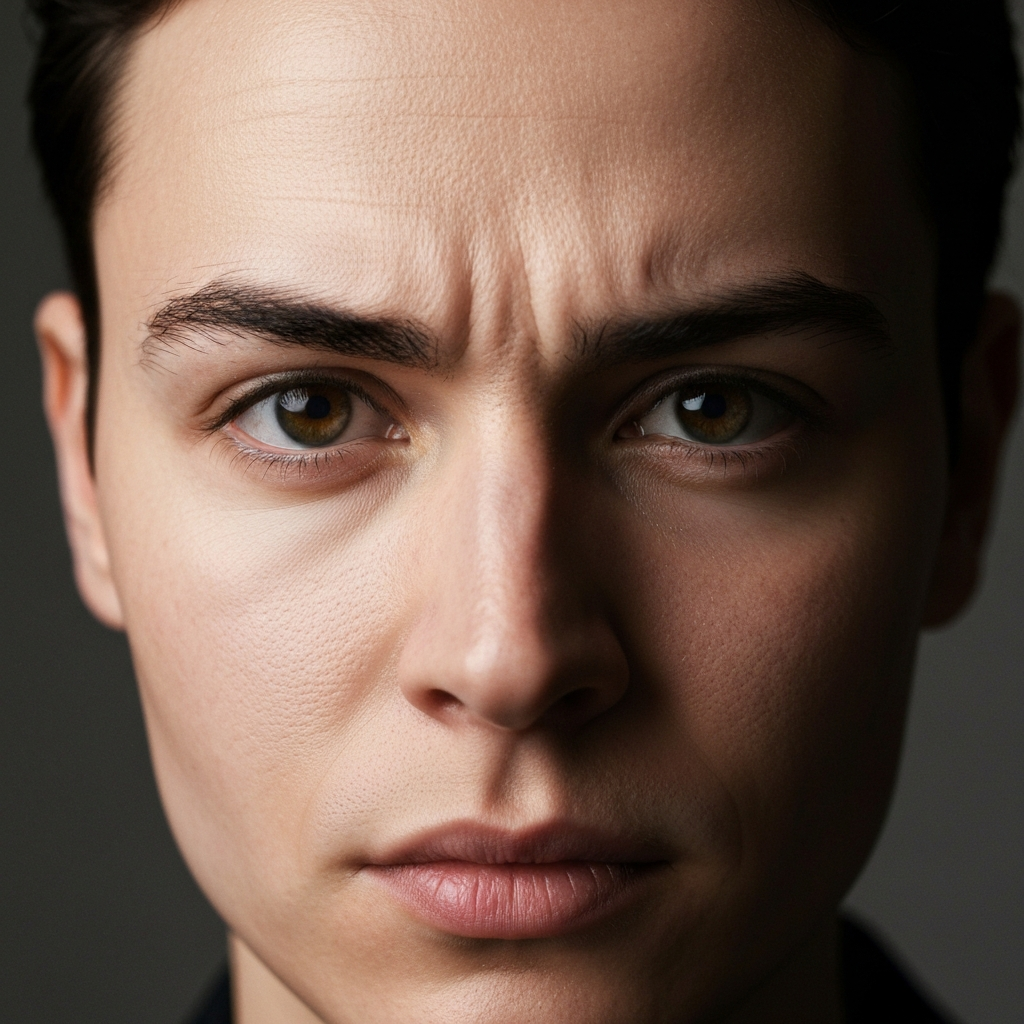 A close-up of a person's face, lit from above to accentuate the brow ridges and the subtle furrow between their eyebrows. Soft bokeh in the background creates a professional studio portrait feel. The expression is serious but not strained.