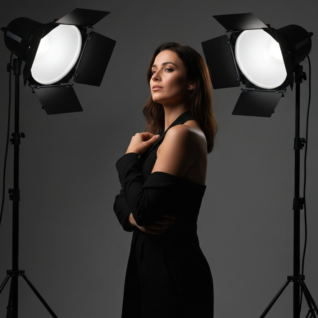 A person posing in a studio environment, with one shoulder slightly forward and their head tilted to the side. The background is a simple gray backdrop, and studio lights are positioned to create a dramatic effect.