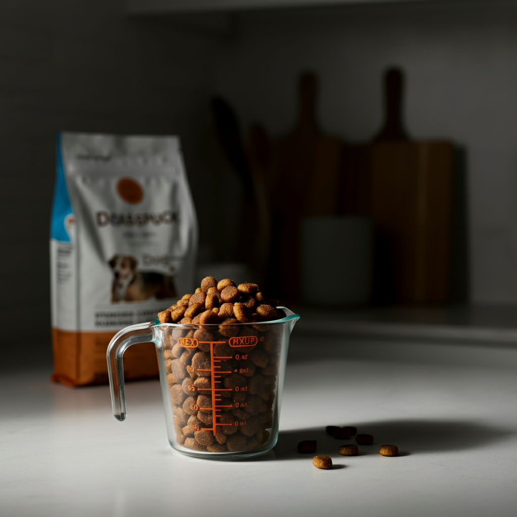 Close-up shot of a measuring cup filled with dry dog food. The food is premium quality with visible textures. The backdrop is a clean, well-lit kitchen counter with a bag of dog food partially visible.