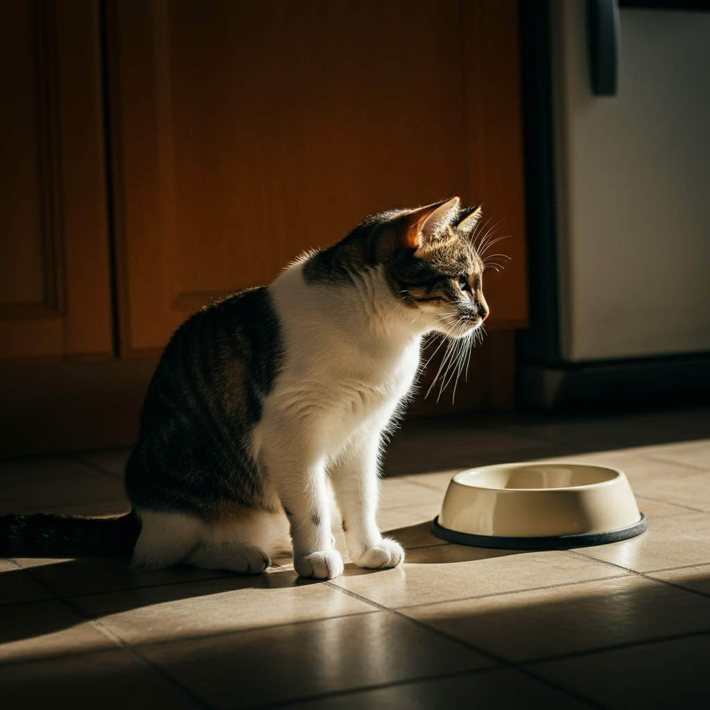 A domestic shorthair cat patiently sitting next to an empty food bowl on a tiled floor. The scene is side-lit with natural light, casting soft shadows. The bowl is clean and modern.