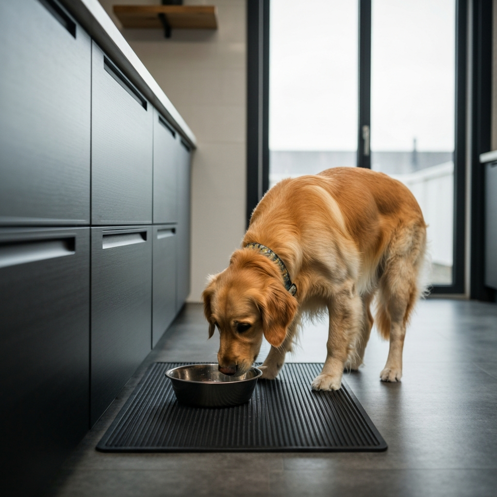 A Golden Retriever dog eating from a bowl placed on a rubber mat in a modern kitchen. Natural daylight streams through a window. The dog is wearing a collar and appears healthy and well-groomed.
