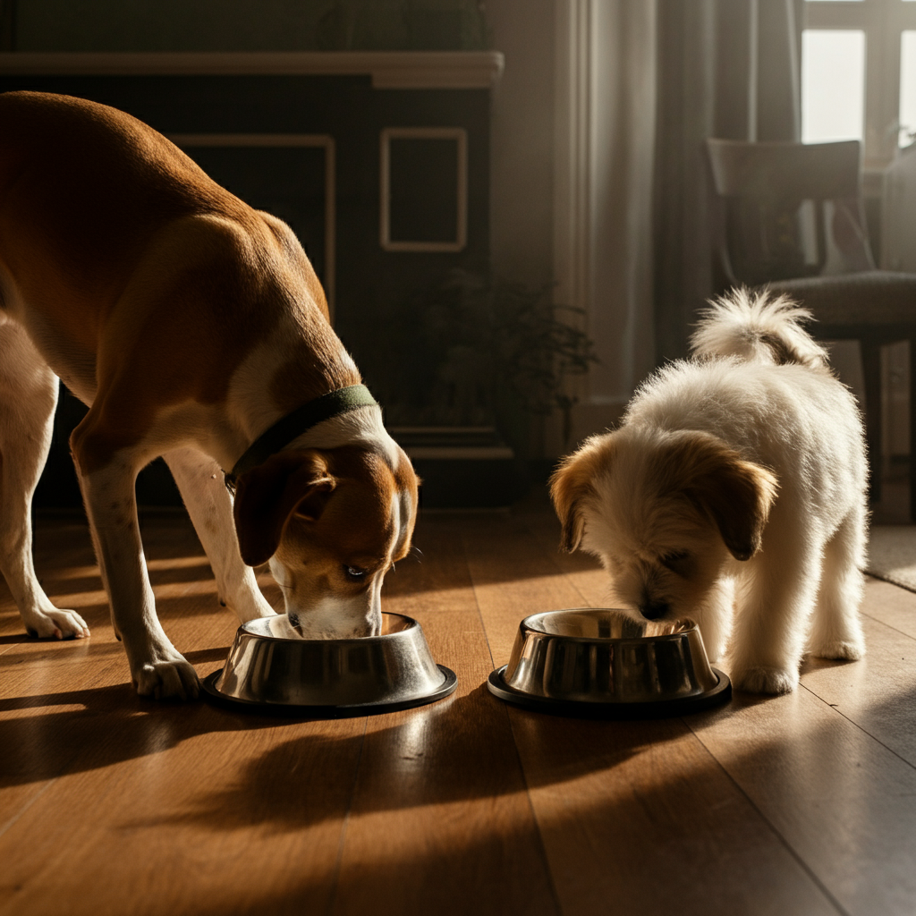 Two separate dog bowls placed a safe distance apart on a hardwood floor. A medium-sized dog is eating from one bowl, while a smaller dog is eating from the other. A person is supervising the scene from a respectful distance.