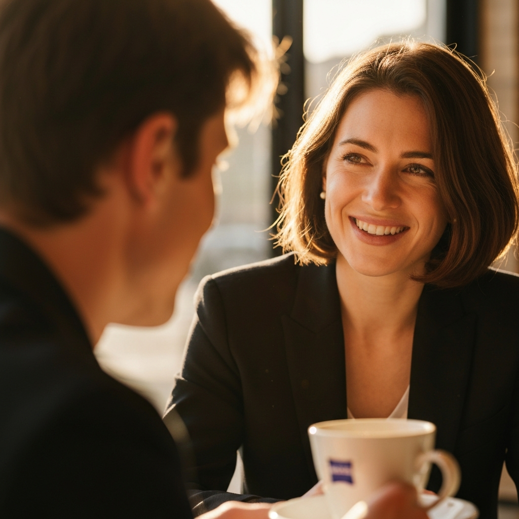 A person with soft, shoulder-length hair is smiling warmly while listening intently to a friend in a sun-drenched coffee shop. The friend's face is blurred with a soft bokeh effect, emphasizing the listener's engaging expression. Golden hour lighting creates a warm glow around the scene.
