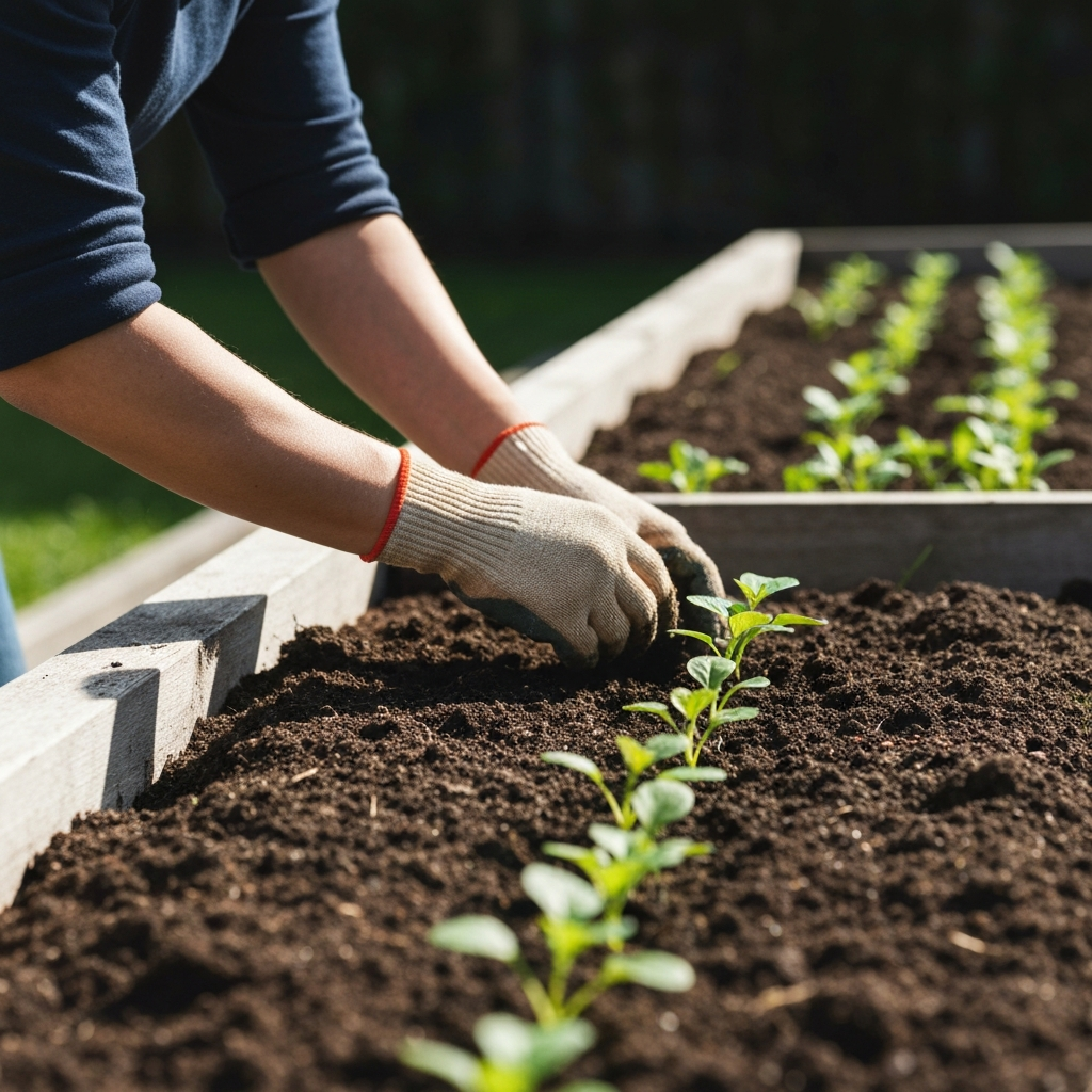 A side-lit shot of someone volunteering at a community garden. The person is wearing gardening gloves and carefully planting seedlings in a raised bed. The textures of the soil and the young plants are clearly visible, with diffused sunlight filtering through the leaves.