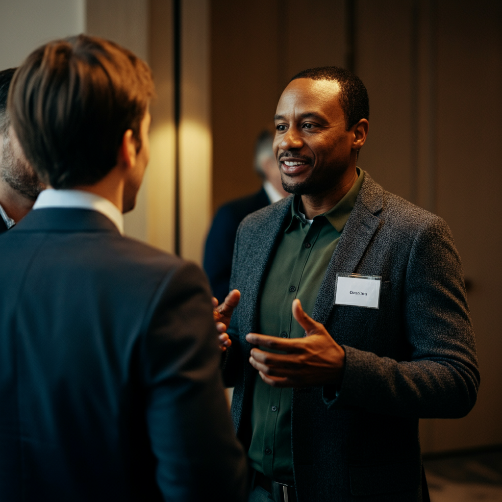 A professionally dressed individual is at a networking event, engaging in a friendly conversation with two other people. The lighting is soft and even, highlighting the genuine smiles and body language of connection. The background is slightly blurred to focus attention on the interaction.