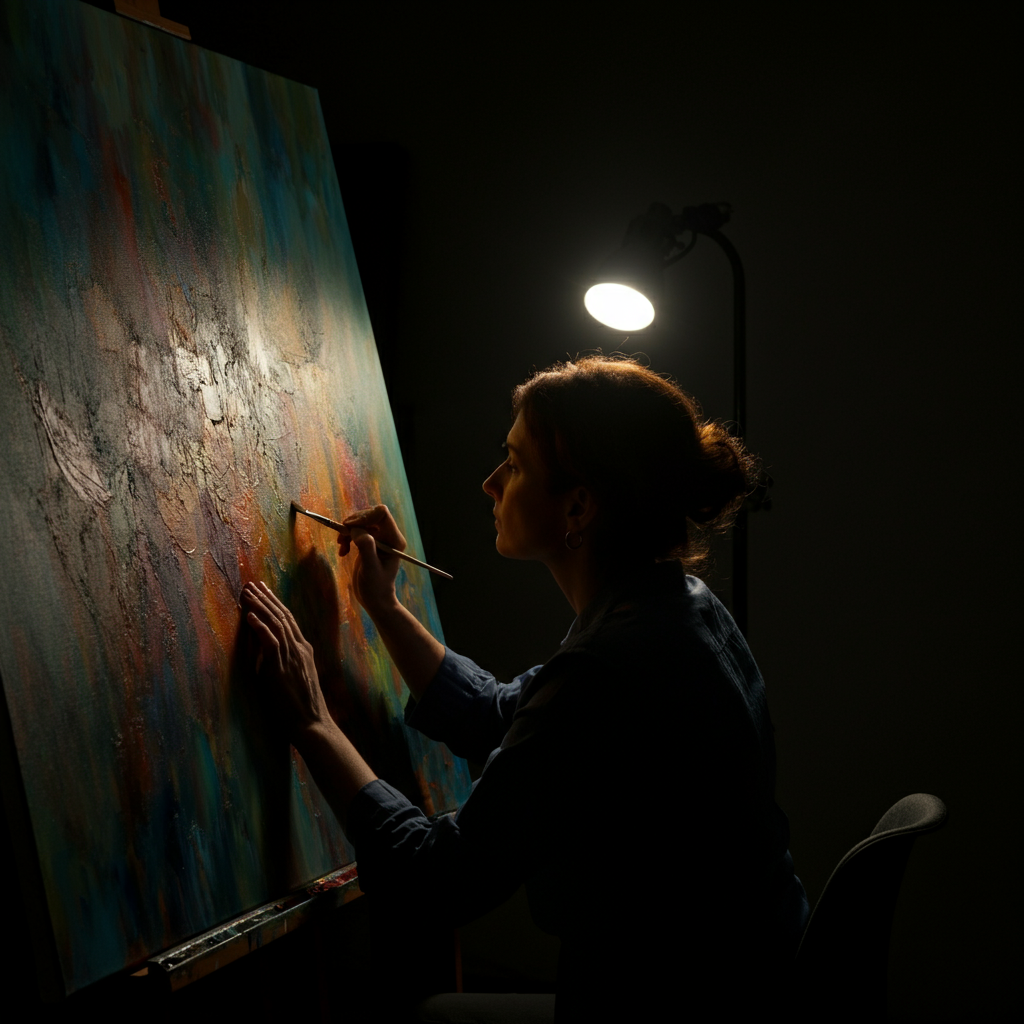 Someone working late at night in an art studio, illuminated by a focused lamp. The canvas in front of them is partially completed, showing vibrant colors and expressive brushstrokes. The textures of the paint and the artist's focused expression are highlighted by the dramatic lighting.