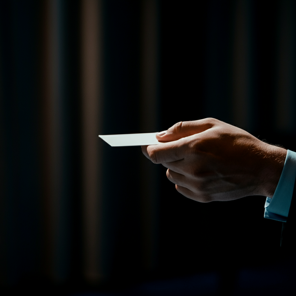 A side-lit shot of a hand receiving a business card at a conference. The focus is on the texture of the card and the subtle details of the hand, conveying a sense of professional opportunity and connection.