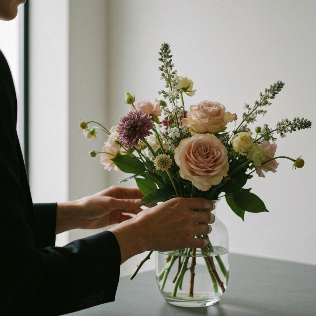 A close-up of hands arranging flowers in a vase. The flowers are a mix of textures and colors, and the lighting is soft and diffused, emphasizing the delicate beauty of the arrangement.